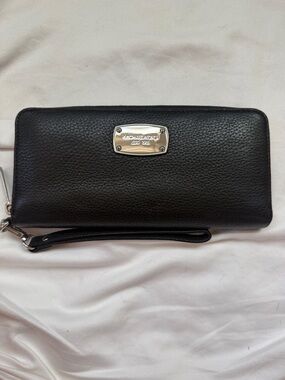 Michael Kors Black Pebbled Leather Wristlet Wallet with Silver Plaque
